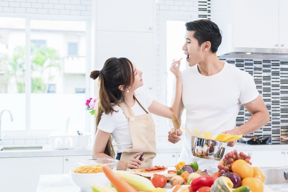 Asian Lovers feeding fruit and food to each other, Couple and Fa