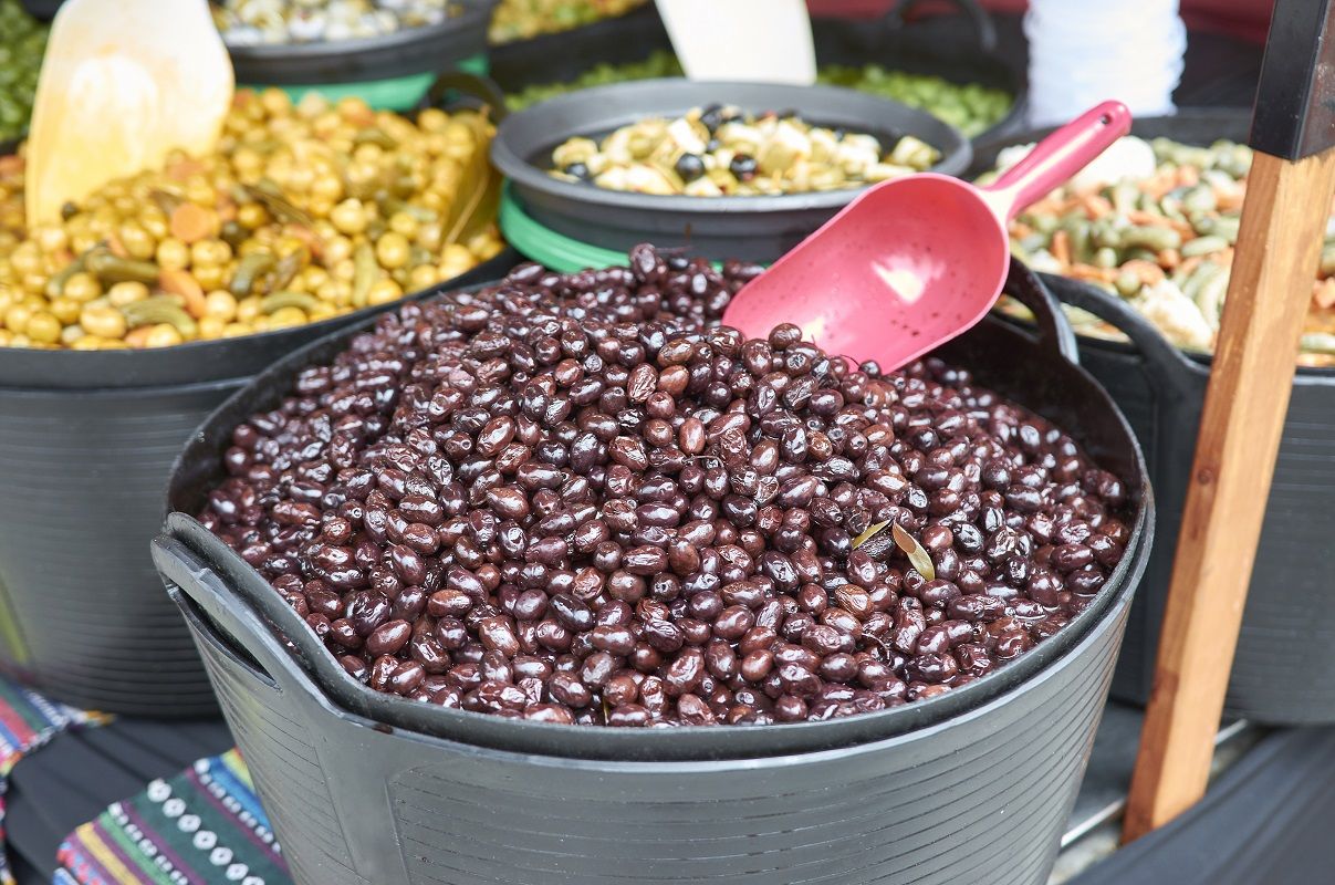 Varieties of many olives on a market in Valencia.
