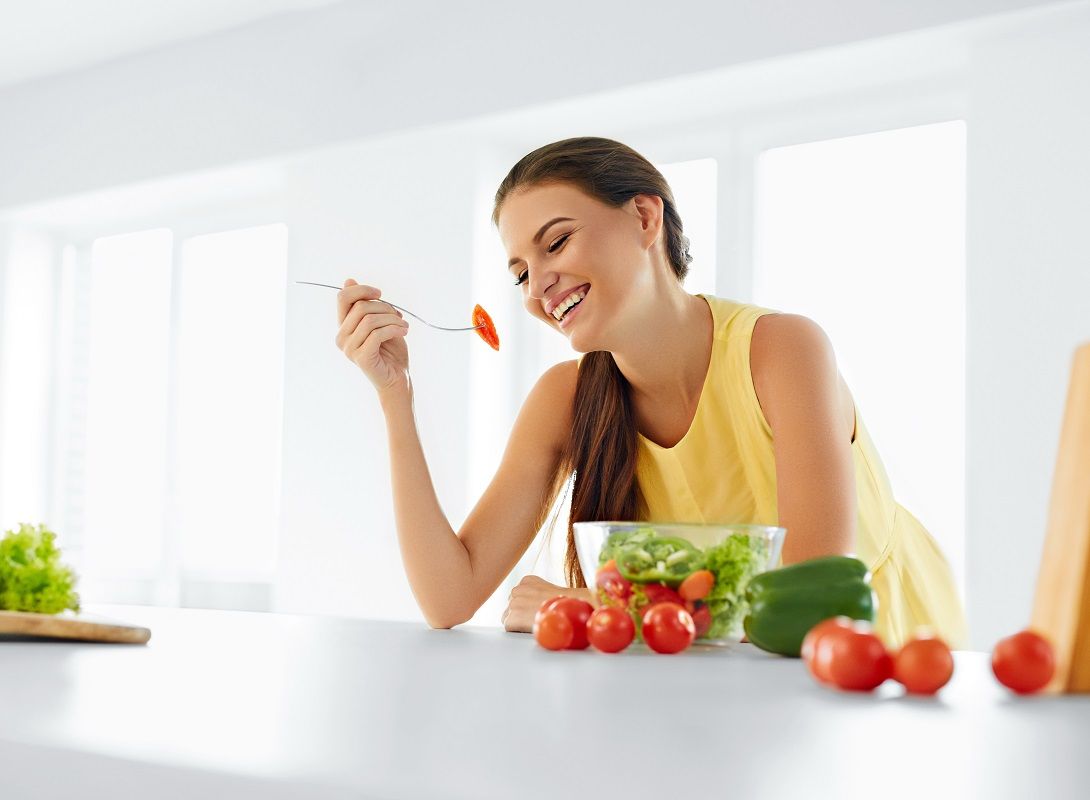 Healthy Diet. Woman Eating Vegetarian Salad. Healthy Eating, Foo