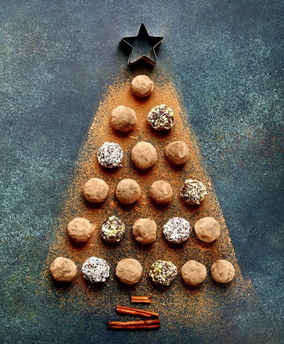 Abstract christmas tree made from chocolate truffles.Top view wi