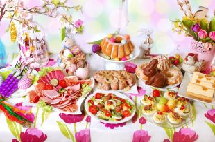 easter table with dishes for traditional festive breakfast