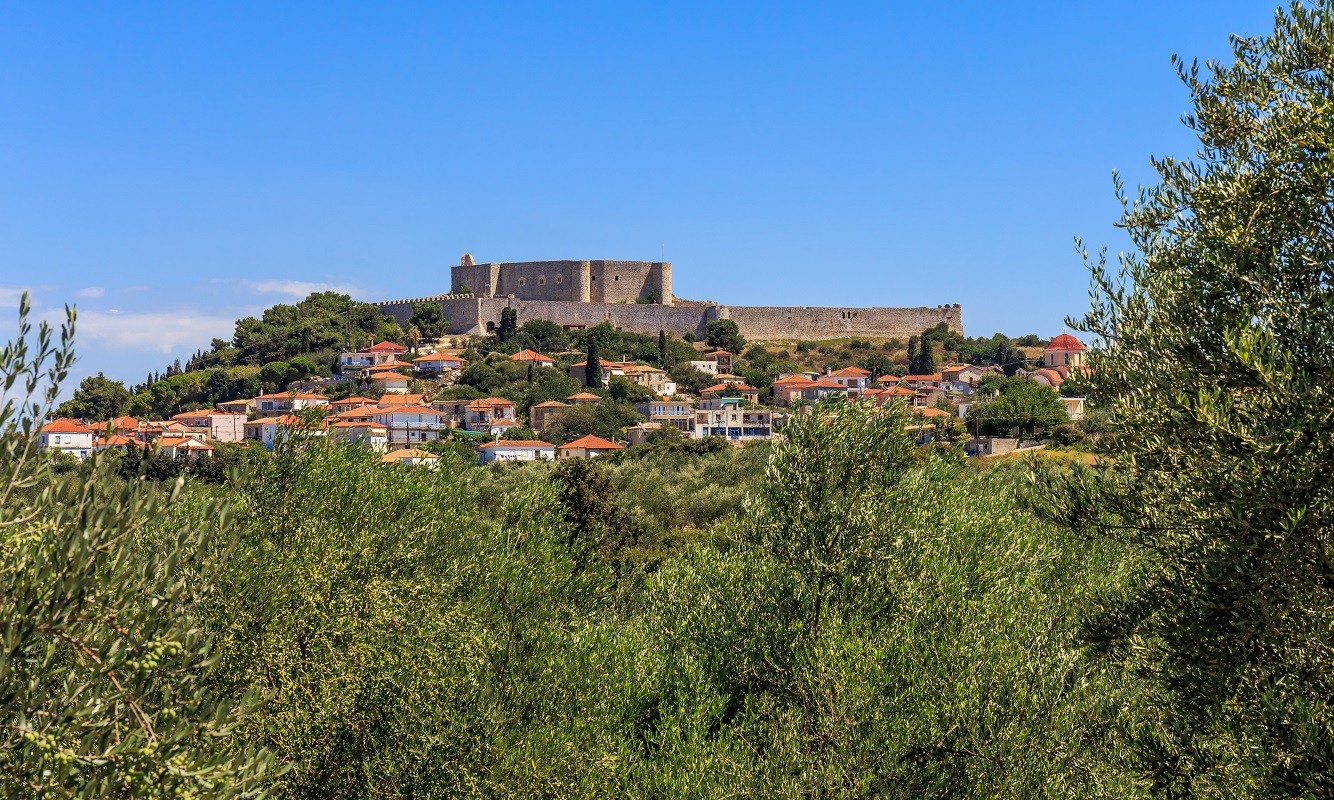 distant view on Chlemoutsi fortress and village, Peloponnese