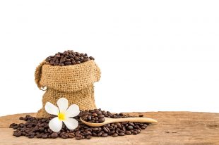 Coffee beans in burlap sack on wooden isolated on white