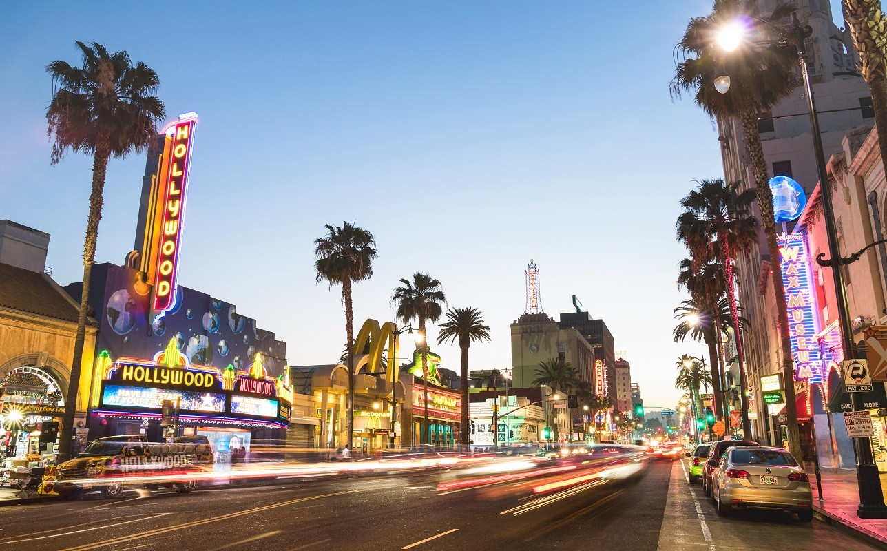 LOS ANGELES – MARCH 20, 2015: Hollywood Boulevard at sunset twil