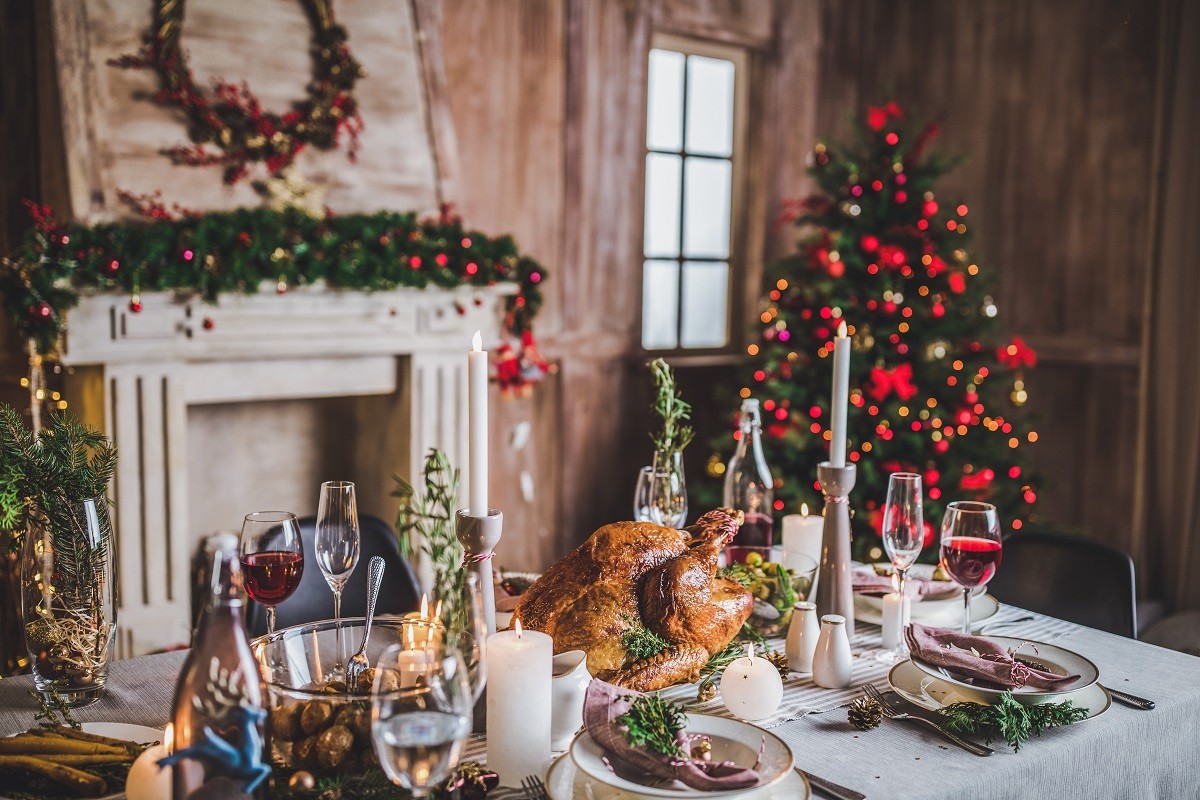 Roasted turkey on holiday table
