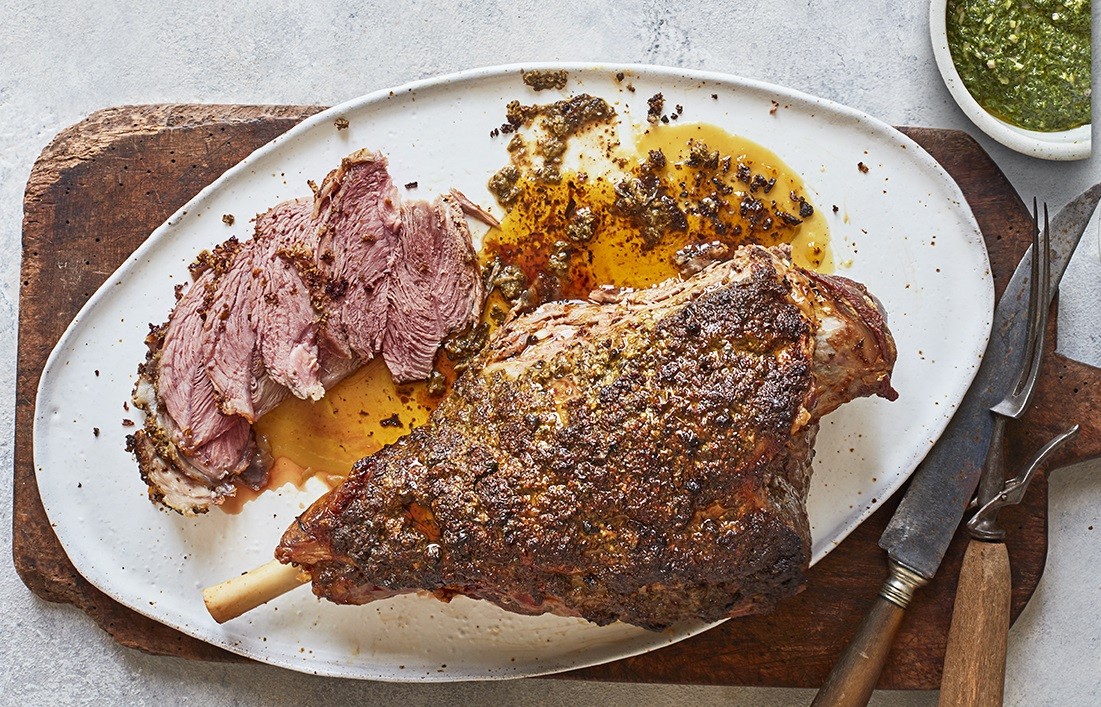 Roast leg of lamb with caper butter and mint sauce