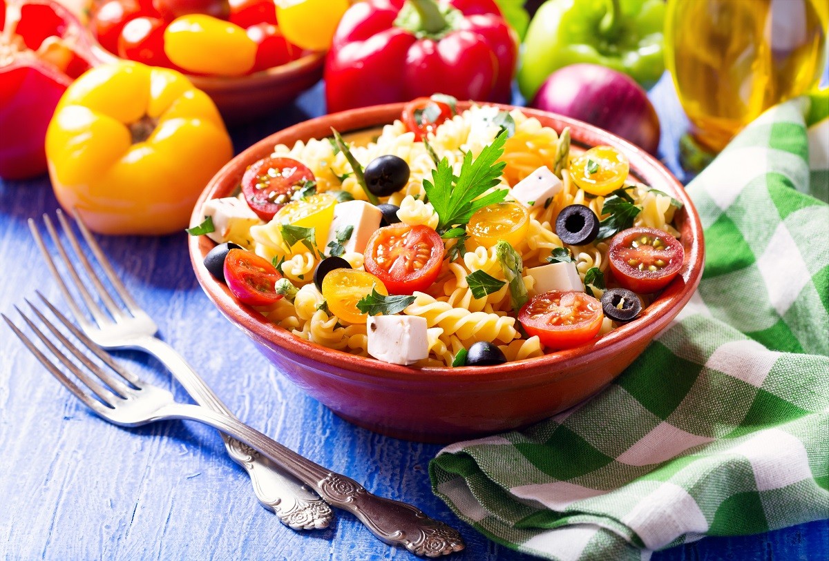 bowl of pasta salad with vegetables