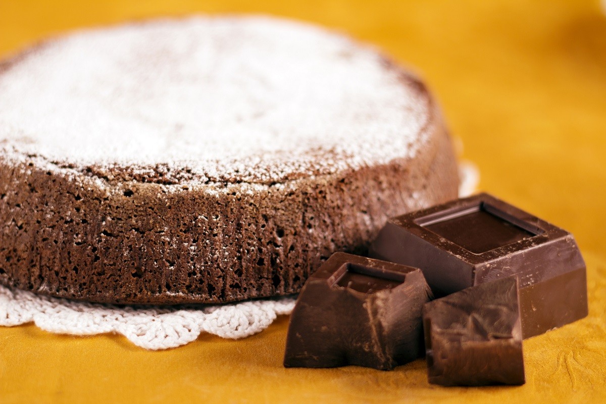 chocolate cake and pieces of dark chocolate