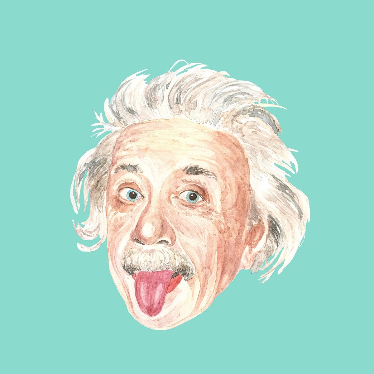 Watercolor illustration of Albert Einstein on green background.