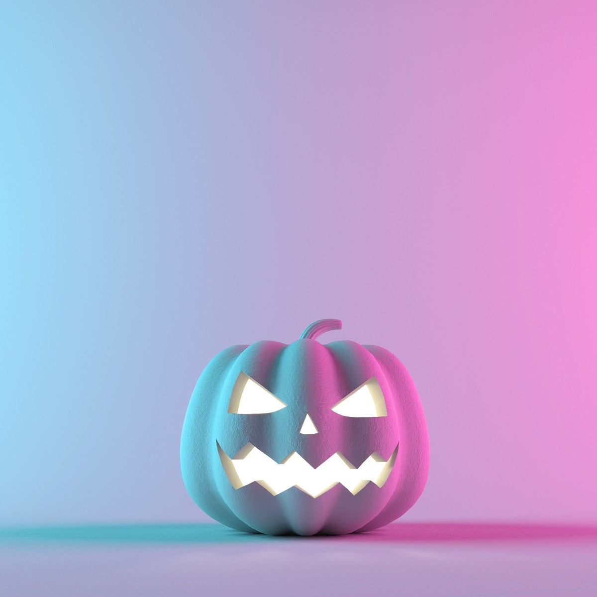 Halloween pumpkin on neon gradient background. 3D Rendering illustration