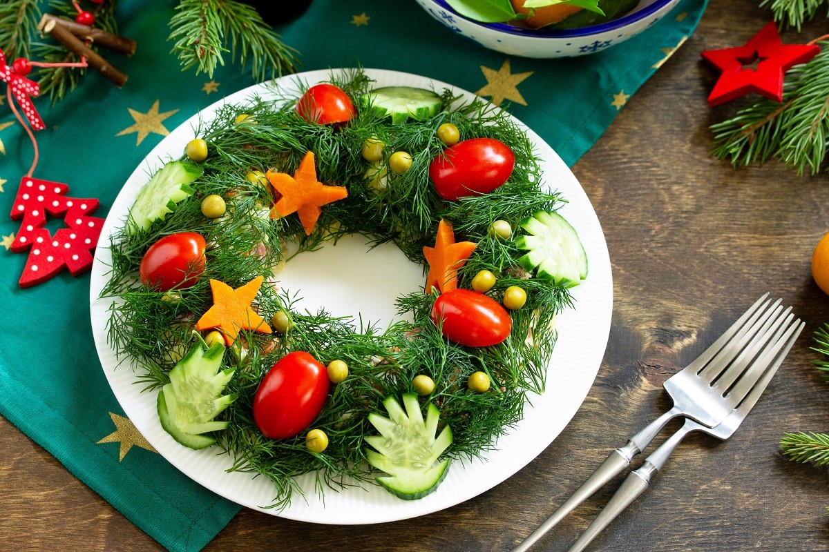 Winter Christmas salad wreath. Delicious Russian traditional sal