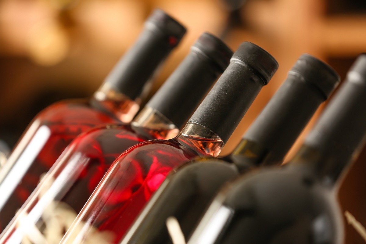 Bottles of wine in cellar, closeup