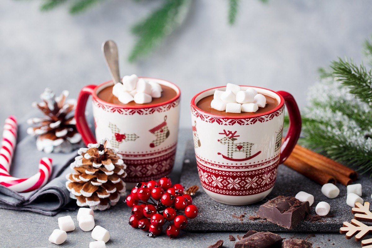 Hot chocolate drink with marshmallows. Christmas, New Year decoration. Grey background. Close up. Copy space.