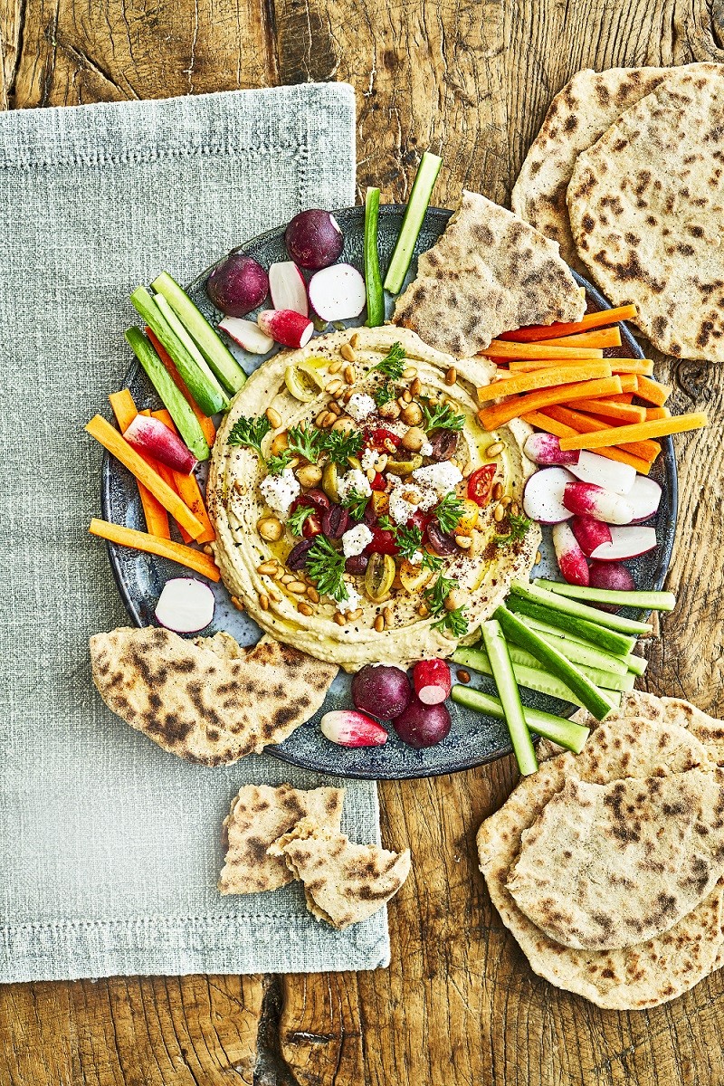 loaded hummus with wholemeal flatbreads