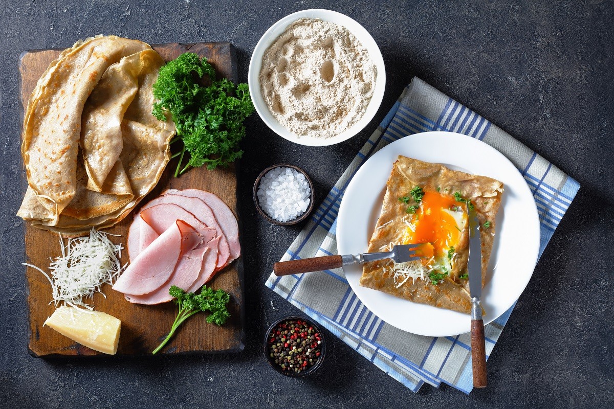 buckwheat galette with fried egg, cheese, ham