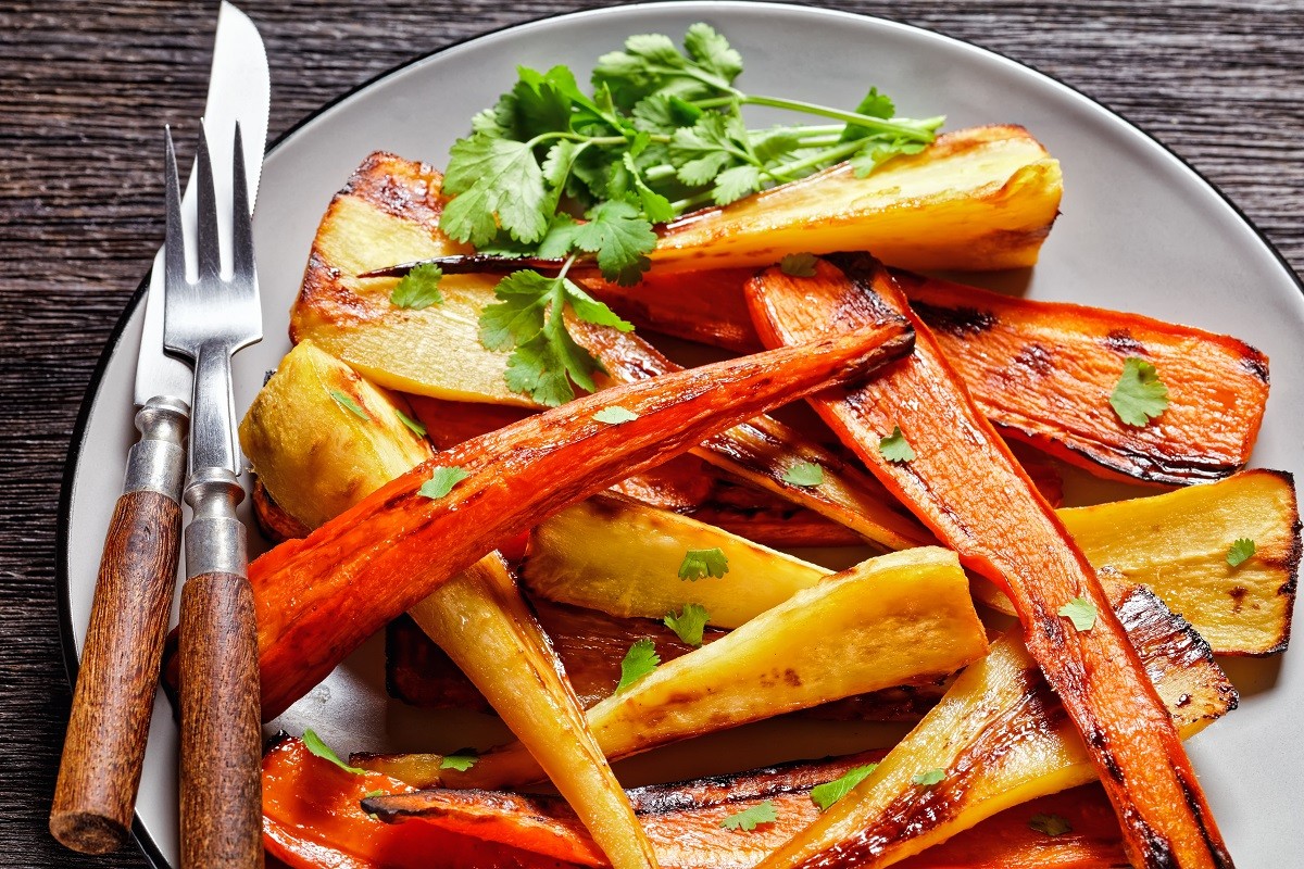 Moroccan roasted parsnip and carrot on a plate