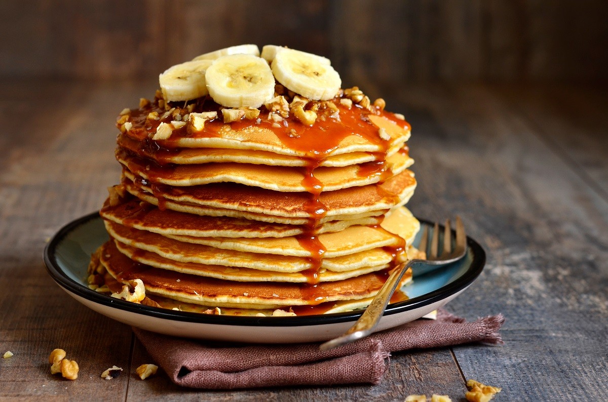 Pancakes with banana,walnut and caramel.