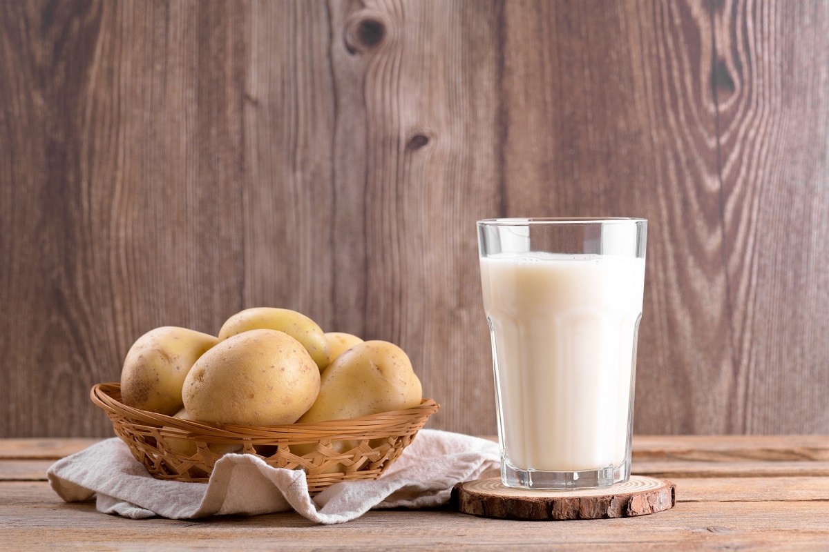 Vegan potato milk and potato on brown wooden background close up. Plant based alternative milk replacer and lactose free