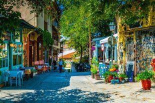 THESSALONIKI, GREECE, SEPTEMBER 8, 2017: View of a narrow street in the old town of Thessaloniki, Greece