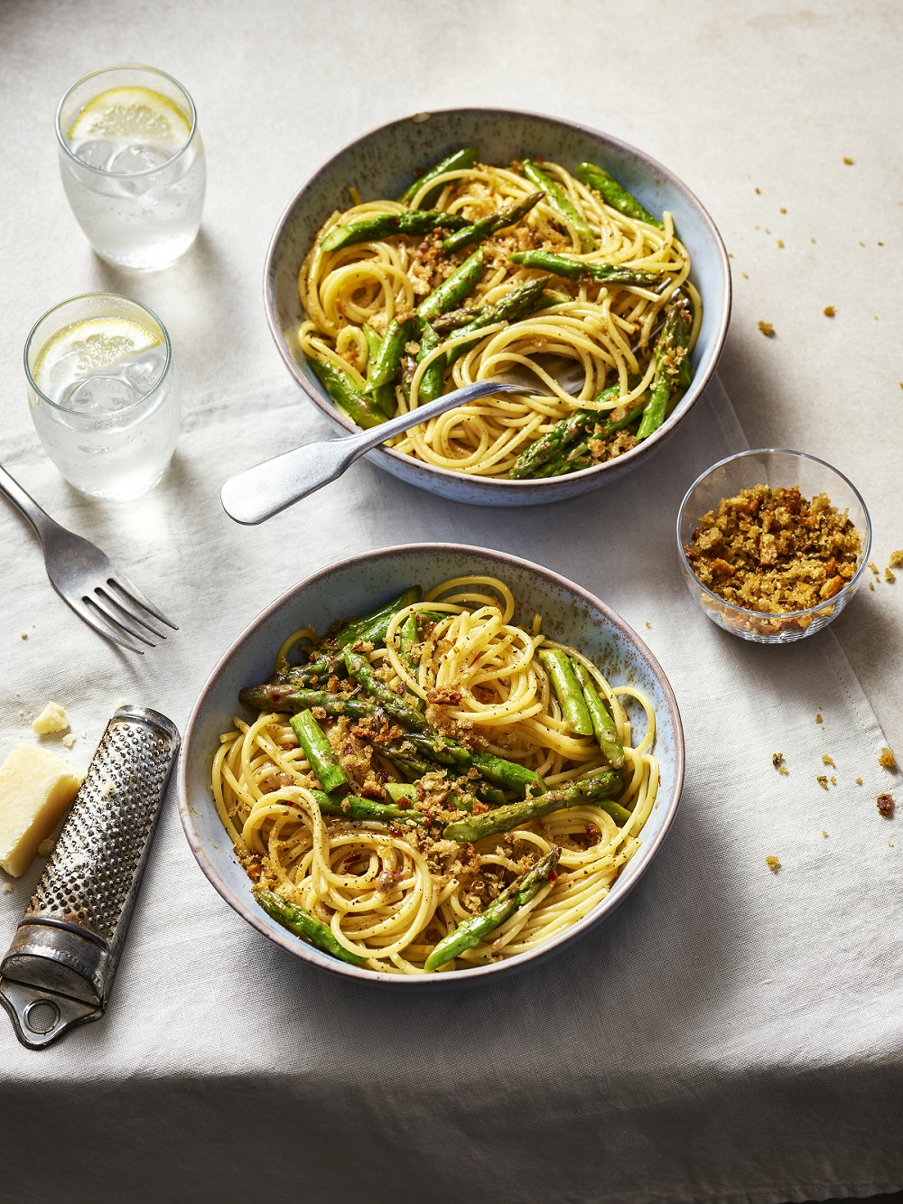 asparagus and anchovy pasta with fennel seed pangrattato