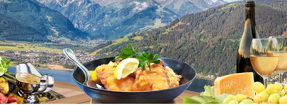 Panorama of Tauer Alps with traditional Austrian specialties suc