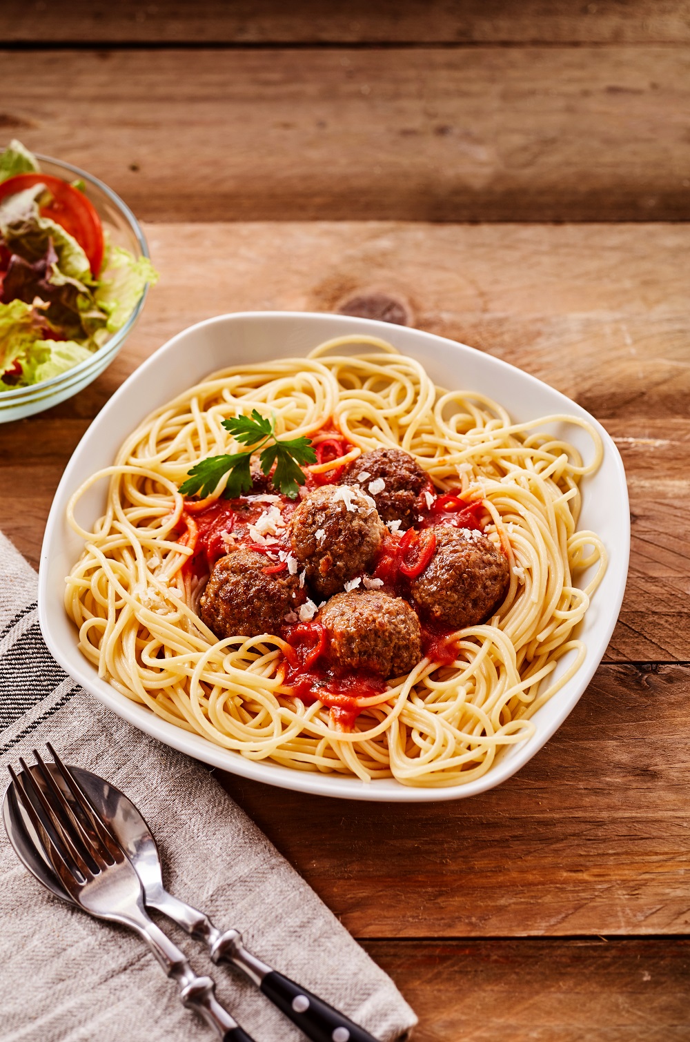 Spaghetti and Meatballs Served with Side Salad