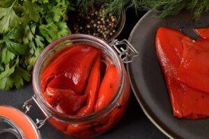 Delicious sweet red pepper pickles. Preserved, marinated red sweet peppers