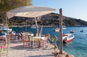 Cafe on the beach at Agios Nikolaos port, Zakynthos