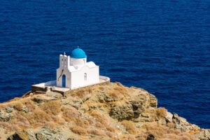 Small Chapel of Seven Martyrs with stunning views to the Aegean, village of Kastro, island of Sifnos, Cyclades, Greece