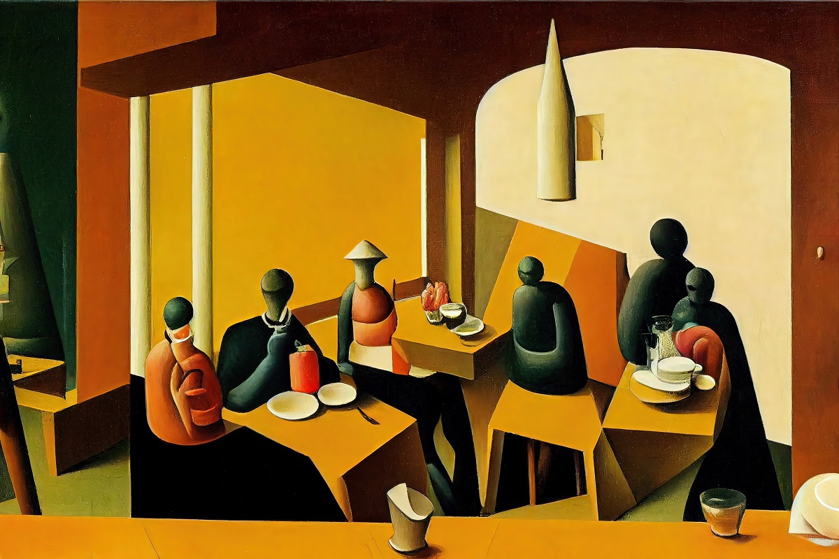 Abstract,People,Eating,At,Restaurant.,Geometric,Shapes,,Giorgio,De,Chirico.