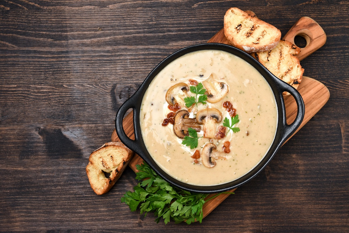 Mushroom,Champignon,Soup,With,Bread,And,Fresh,Mushrooms.,Top,View