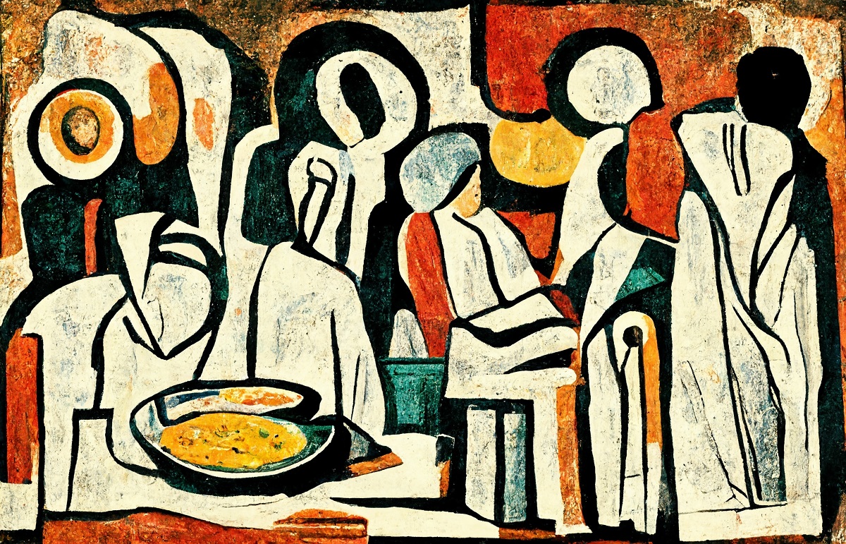 Abstract,Painting,Of,People,Enjoying,A,Meal,At,A,Restaurant.