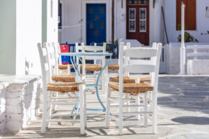 Greek,Island,Outdoor,Cafe,Bar.,Typical,Street,Cafeteria,Table,And
