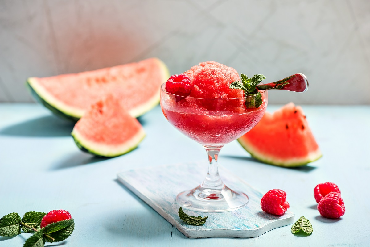 Watermelon,Sorbet,Or,Granita,,Refreshing,Summer,Dessert,With,Strawberries,And