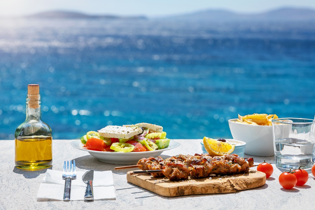 Greek,Food,Concept,With,Farmers,Salad,And,Souvlaki,Skewers,In