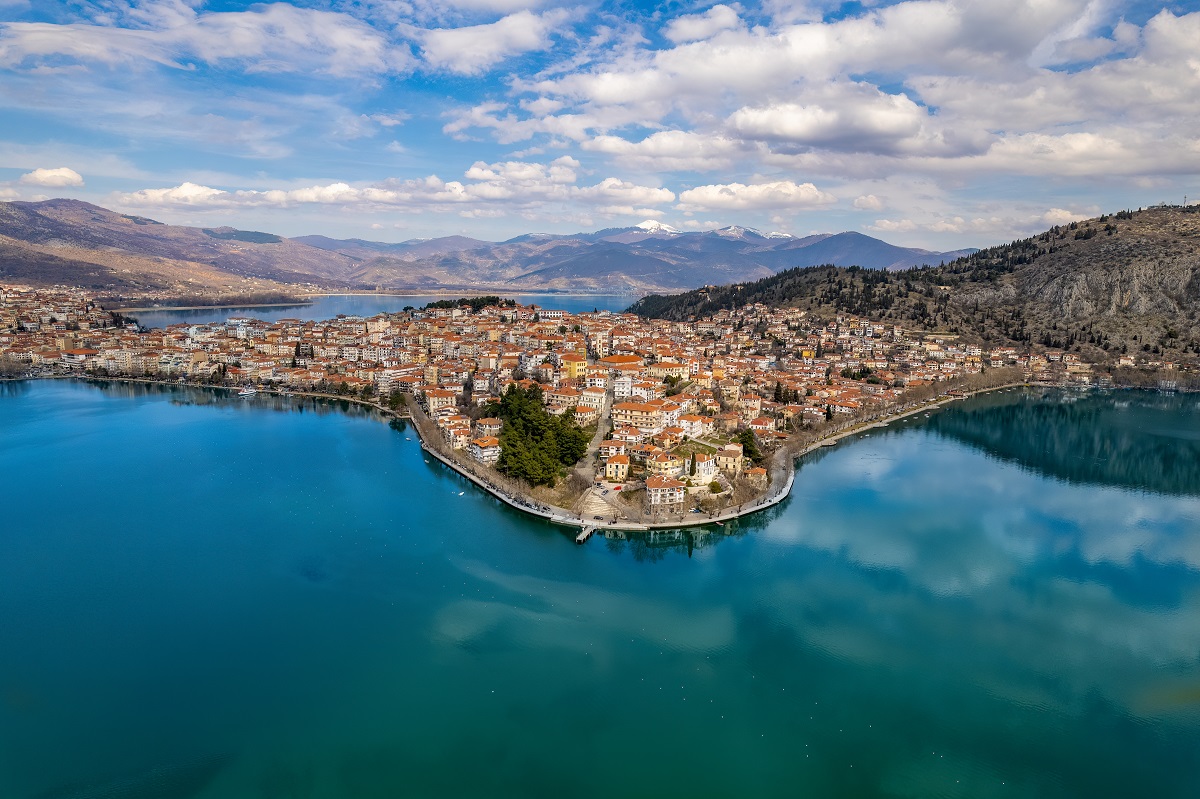 Aerial,View,Of,The,City,Of,Kastoria,And,Lake,Orestiada