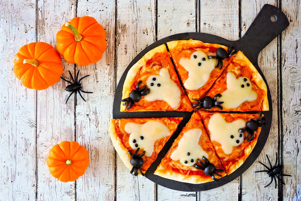 Halloween,Pizza,Overhead,Table,Scene,On,A,Rustic,White,Wood