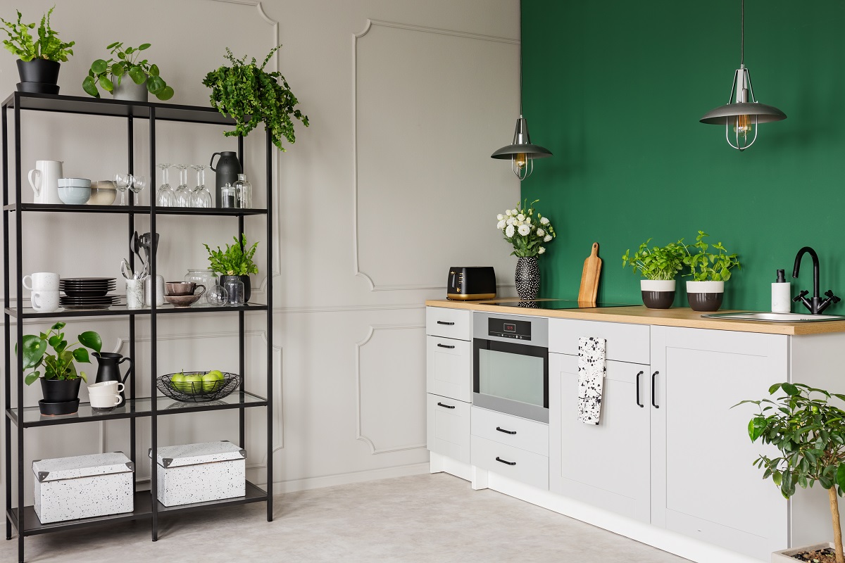 Green,And,Grey,Kitchen,Interior,With,Plants,And,Herbs,,Real