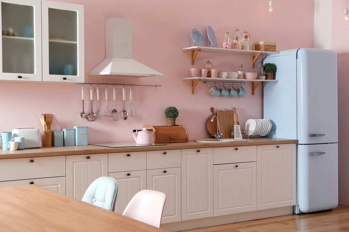 Stylish,Pink,Kitchen,Interior,With,Dining,Table,And,Chairs