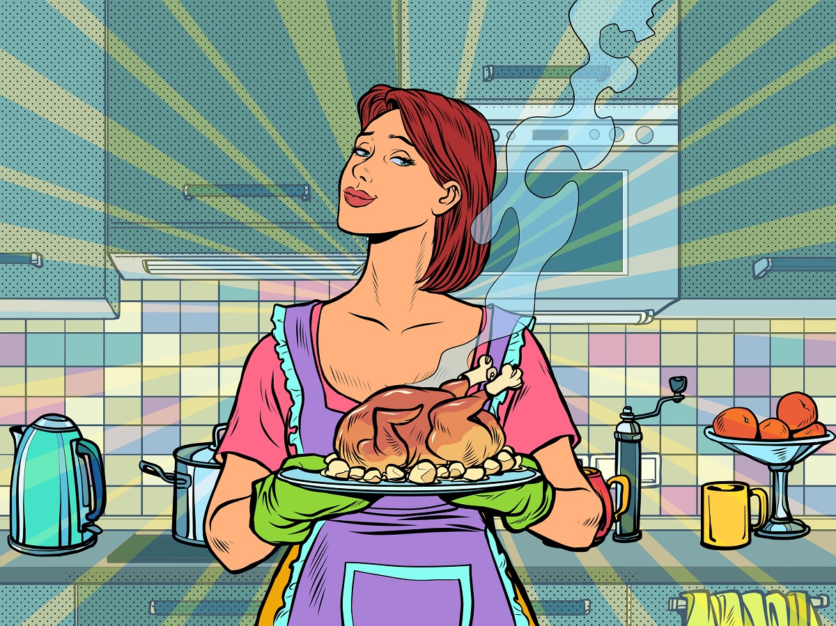 Woman,With,Ready,Fried,Poultry,Chicken,Duck.,Pop,Art,Retro